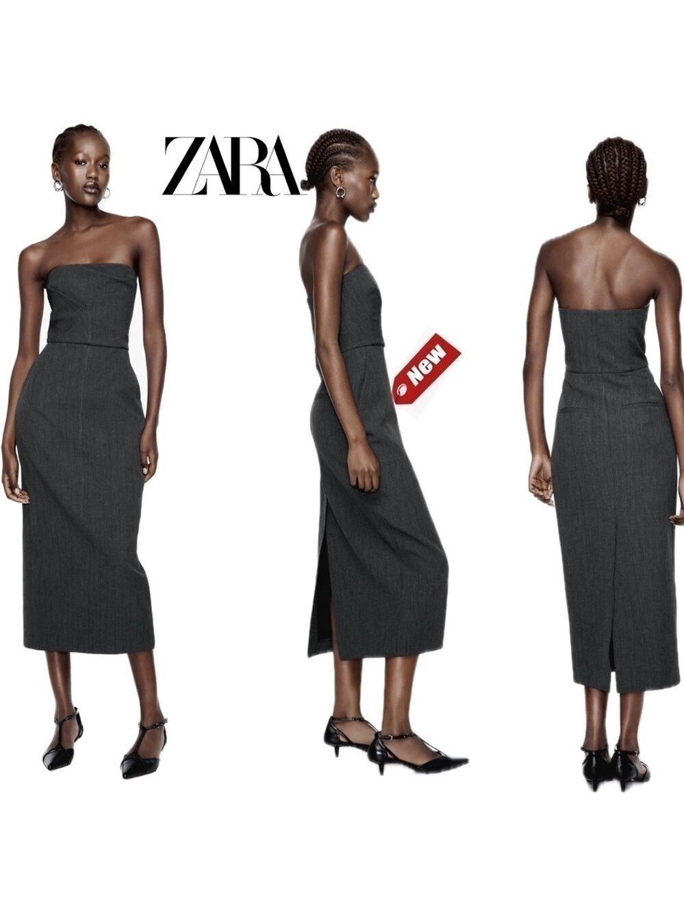 Zara gray strapless midi pencil dress pockets slit Sz S NWT - Picture 3 of 17